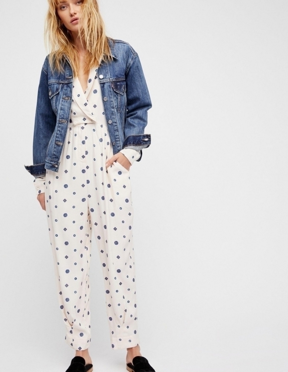Free People Cream Jumpsuit with Navy Dot Print